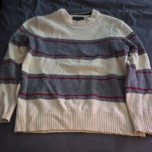 Banana Republic Cream and Gray Striped Crewneck Sweater